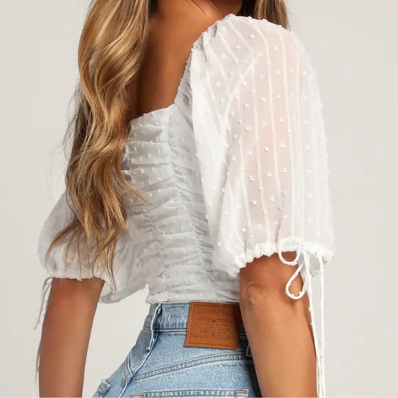 Lulus Think of Me Ivory Swiss Dot Ruched Bodysuit - Picture 3 of 7